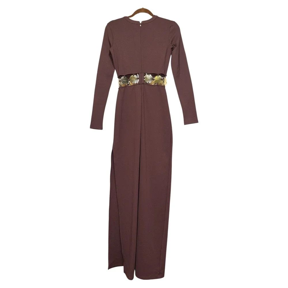 STAUD Delphine Mahogany Brown Cutout Medallion Long Sleeve Maxi Dress Size 2